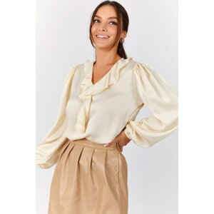 armonika Women's Cream Collar Ruffled Shoulder Gathered Sleeve Elastic Cotton Satin Blouse