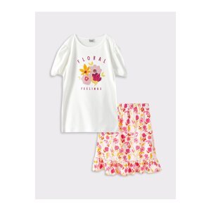 LC Waikiki Girls' Crew Neck Printed Short Sleeve T-Shirt And Skirt