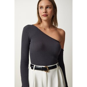 Happiness İstanbul Women's Anthracite Open Shoulder Ribbed Knitted Blouse