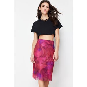 Trendyol Premium Fuchsia Printed Tulle High Waist Lined Midi Knitted Skirt