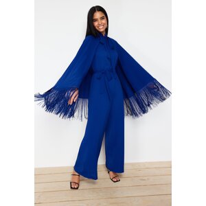 Trendyol Navy Blue Tasseled Cape-Jumpsuit Evening Dress Suit