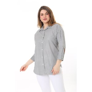 Şans Women's Plus Size Bone Front Buttoned Cuff Striped Shirt