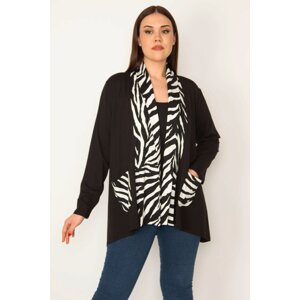 Şans Women's Plus Size Black Garni Detailed Cardigan with Pockets