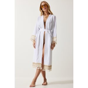 Happiness İstanbul Women's White Tassel Guipure Detail Long Linen Kimono