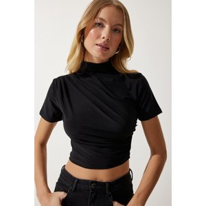 Happiness İstanbul Women's Black Gathered High Neck Knitted Blouse