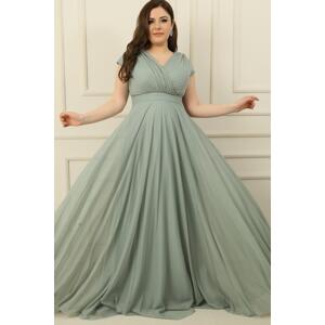 By Saygı Double Breasted Neck Lined Nail Sleeve Full Circle Flared Chiffon Tulle Plus Size Long Dress