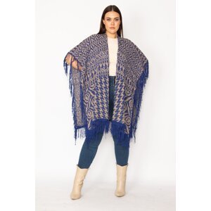 Şans Women's Plus Size Saxon Shawl Pattern Tassel And Silvery Detailed Thick Knitwear Poncho