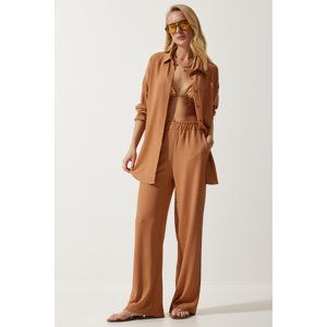 Happiness İstanbul Women's Biscuit Casual Knitted Shirt Pants Suit