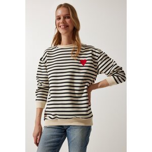 Happiness İstanbul Women's Cream Heart Detailed Striped Seasonal Sweatshirt