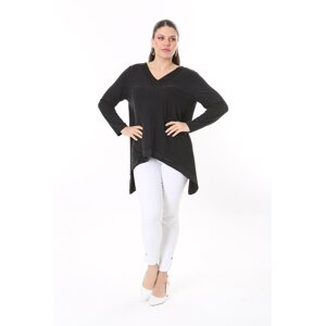 Şans Women's Plus Size Anthracite Neck And Hem Satin Long Sleeve Blouse