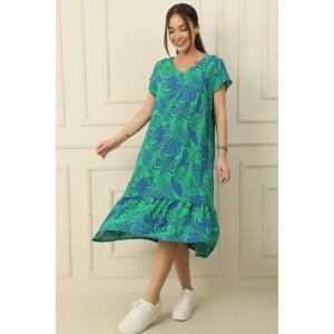 By Saygı V-neck Leaf Pattern Skirt Pleated Oversize Comfortable Fit Viscose Dress