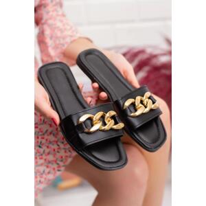 TER01 Women Slippers with Chain-BLACK