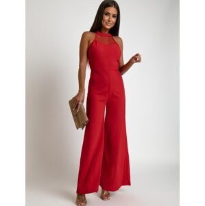 Red jumpsuit with a stand-up collar for wide legs
