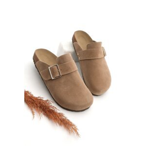 Marjin Women's Genuine Leather Eva Sole Closed Front Buckle Daily Slippers Sumpa Camel Suede