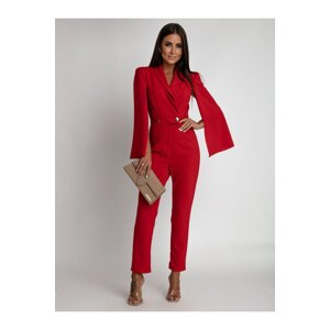 Red jumpsuit with slit sleeves