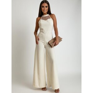 Cream jumpsuit with wide legs and stand-up collar