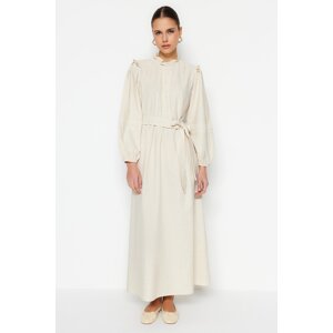 Trendyol Cream Belted Guipure and Frill Detail, Linen-Mixed Woven Dress