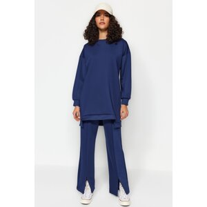 Trendyol Navy Blue Slit Detailed Scuba Tunic-Pants Knitted Two Piece Set