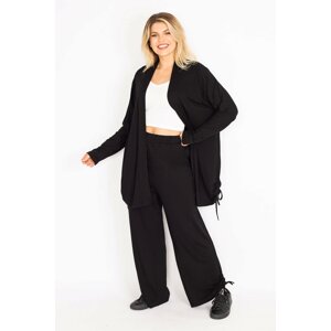 Şans Women's Plus Size Black Cardigan and Pants Suit with Side Lace-Up Detail