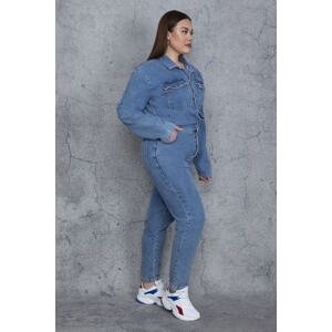 Şans Women's Plus Size Blue Denim Overalls With Buttoned Pocket Detailed