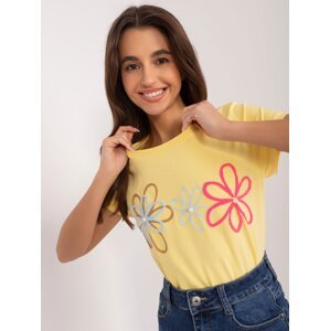 Yellow T-shirt with floral appliqué BASIC FEEL GOOD