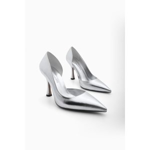 Marjin Women's Pointed Toe Asymmetric Thin Heel Evening Dress Classic Heeled Shoes Velta Silver