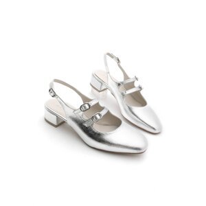 Marjin Women's Double Strap Open Back Classic Heeled Shoes Rosna Silver