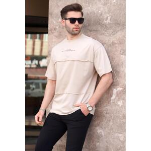 Madmext Beige Oversize Printed Crew Neck T-Shirt 7017