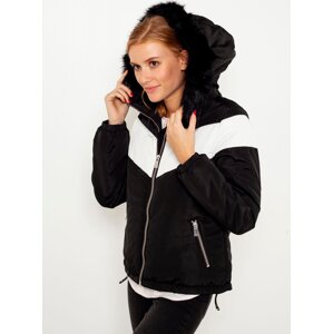 White-black jacket with hood and artificial fur CAMAIEU - Women