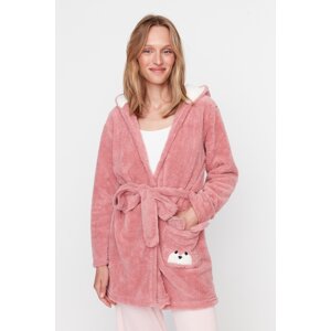 Trendyol Powder Belted Animal Figured Hooded Wellsoft Knitted Dressing Gown