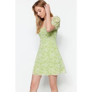 Trendyol zöld virágos A-szabású sifon bélésű mini szőtt ruha