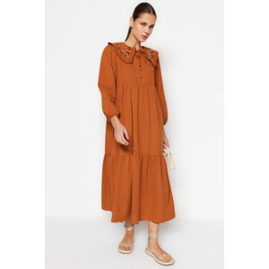 Trendyol Cinnamon Collar Embroidered Half Patties, Linen-Look Woven Dress