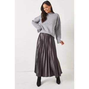 Olalook Anthracite Leather Look Pleat A-Line Skirt