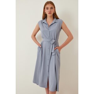 Happiness İstanbul Women's Gray Belted Linen Viscose Summer Shirt Dress