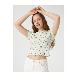 Koton Crop T-Shirt Short Sleeves Floral Print Crew Neck