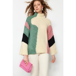 Trendyol Bézs puha texturált színes blokk kötöttáru pulóver