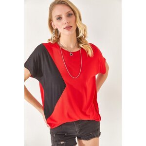 Olalook Women's Red Color Block Bat Knit Viscose Blouse