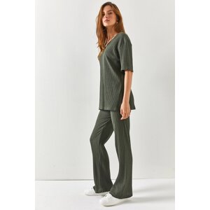 Olalook Women's Khaki Top V-neck Lower Palazzo Corduroy Suit