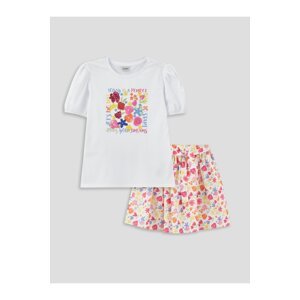 LC Waikiki Girls' Crew Neck Patterned Short Sleeved T-shirt and Skirt