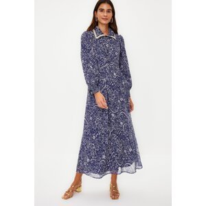 Trendyol Blue Floral Collar Detailed Lined Chiffon Woven Dress