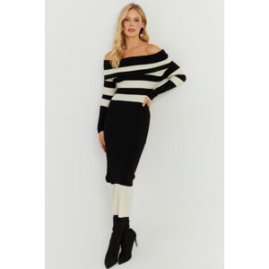 Cool & Sexy Women's Black-Ecru Madonna Striped Knitwear Midi Dress