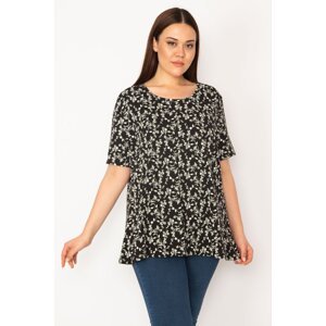 Şans Women's Plus Size Black Cotton Fabric Crew Neck Floral Pattern Tunic