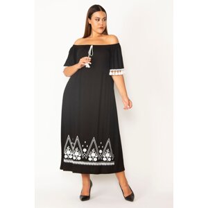 Şans Women's Plus Size Black Collar Viscose Dress With Elastic And Embroidery Detail