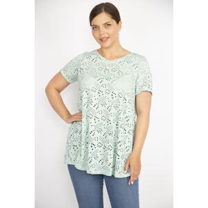 Şans Women's Green Plus Size Hole Fabric V-Neck Short Sleeve Blouse