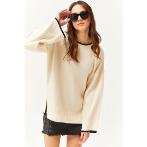 Olalook Women's Ecru Collar Skirt and Cuff Detailed Oversize Knitwear Sweater