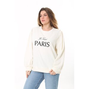 Şans Women's Plus Size Bone Shoulder Gathered Embroidery And Ornamental Button Detailed Sweatshirt