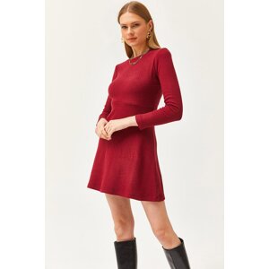 Olalook Women's Burgundy Crew Neck Skirt Flared Ribbed Dress