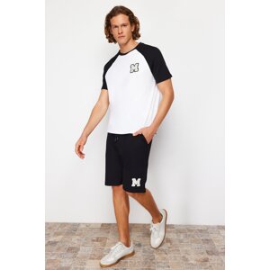 Trendyol Black and White Embroidered Raglan Sleeve Knitted Pajama Set with Shorts