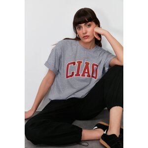 Trendyol Gray Melange 100% Cotton Slogan Printed Oversize/Wide-Fit Knitted T-Shirt