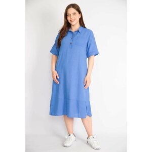 Şans Women's Blue Plus Size Front Pat Buttoned Side Pockets Tiered Hem Dress